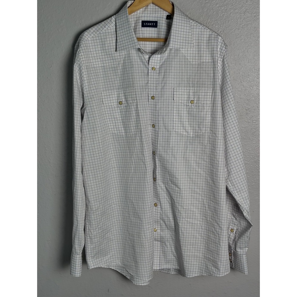 Stantt Shirt Mens‎ XL White Navy Brown Graph Check Long Sleeve Cotton Button Up